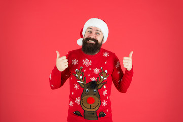 Fototapeta na wymiar Hipster bearded man wear winter clothes red background. Start this party. Christmas celebration ideas. Happy new year celebration. Join holiday celebration. Winter party outfit. Sweater with deer