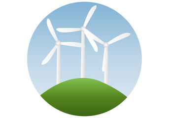 Aerogeneradores sobre una montaña verde.