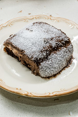 Homemade Organic Healthy Dessert Custard Brownie Pudding Powdered Sugar.