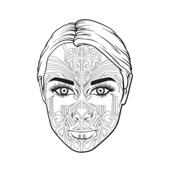 Realistic line art of woman, girl face, ornament on the face, vector illustration isolated on white background