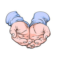 Realistic hand drawn sketch of hands, vector illustration isolated on white background, cupped hands