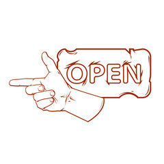 Hand drawn hand with text for shop, open word, vector illustration isolated on white background