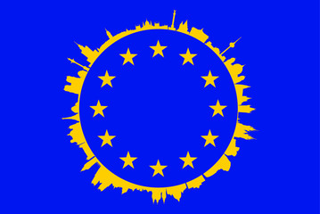 European Union flag with capital cities landmarks cityscape set