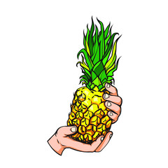 Realistic hand drawn sketch of human hand with pineapple, vector illustration isolated on white background