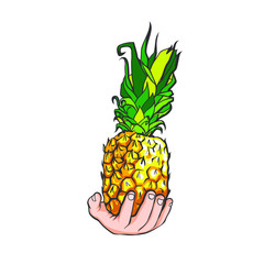 Realistic hand drawn sketch of human hand with pineapple, vector illustration isolated on white background