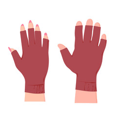 Flat hands with gloves, male and female hands, vector flat cartoon illustration isolated on white background