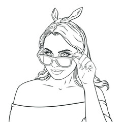 Wonderful girl in glasses vector illustration, trendy portrait for banner design. Vector background, can be used for advertising,  