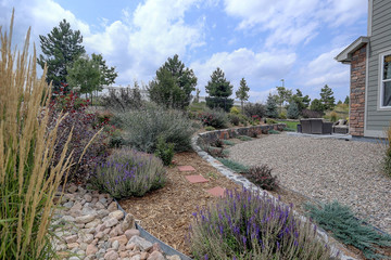 Beautiful  residential rock, stone, and plant xeriscape landscaping in arid climate