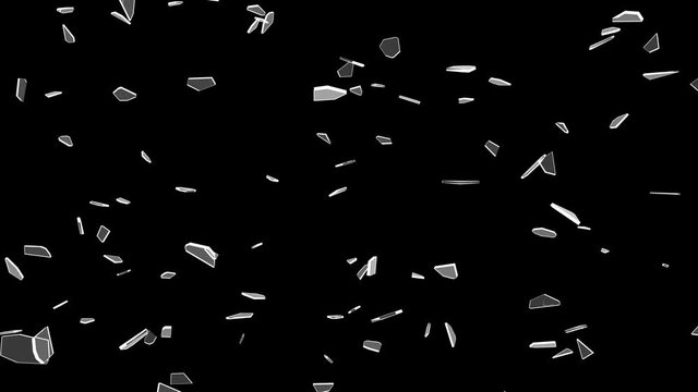 Pieces of broken glass frozen in space slowly turn on a black background.