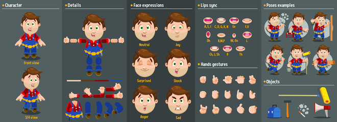 Cartoon builder, worker male constructor for animation. Parts of body: legs, arms, face emotions, hands gestures, lips sync. Full length, front, three quarter view. Set of ready to use poses
