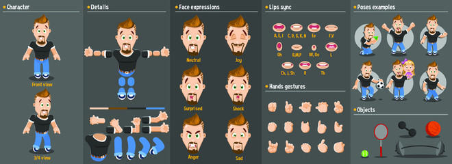 Cartoon bearded sportsman, athlete constructor for animation. Parts of body: legs, arms, face emotions, hands gestures, lips sync. Full length, front, three quarter view. Set of ready to use poses, 