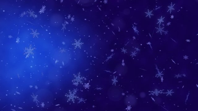 Beautiful loopable abstract winter snow background with falling snowflakes and floating blurry glitter particles lights. 4K seamless loop video footage of the snowfall.