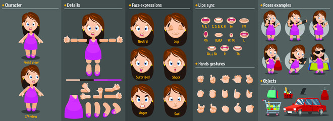 Cartoon beautiful young woman constructor for animation. Parts of body: legs, arms, face emotions, hands gestures, lips sync. Full length, front, three quarter view. Set of ready to use poses, objects