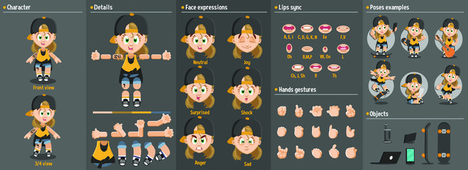 Cartoon skateboarder girl constructor for animation. Parts of body: legs, arms, face emotions, hands gestures, lips sync. Full length, front, three quarter view. Set of ready to use poses, objects