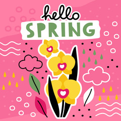 Hello spring hand drawn template with flowers collage. Great for cards, posters, print, design. 