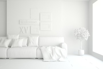 Mock up of stylish room in white color with sofa. Scandinavian interior design. 3D illustration