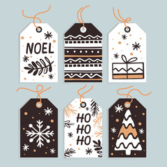 Set Merry Christmas and New Year gift tags and cards. Vector illustration