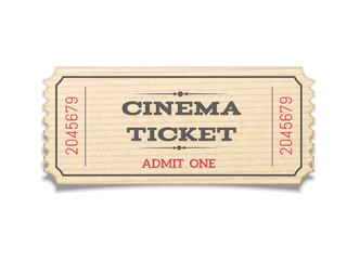 Realistic retro movie ticket isolated on white background.