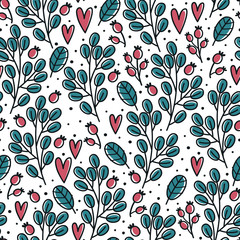 Christmas seamless pattern with holly leaves and berries. Doodle style