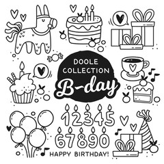 Hand drawn doodle style birthday elements. Clip arts collection