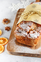 Stollen is fruit bread of nuts, spices, dried or candied fruit, coated with powdered sugar. It is traditional German bread eaten during the Christmas season. New year prep.