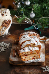 Stollen is fruit bread of nuts, spices, dried or candied fruit, coated with powdered sugar. It is traditional German bread eaten during the Christmas season. New year prep.
