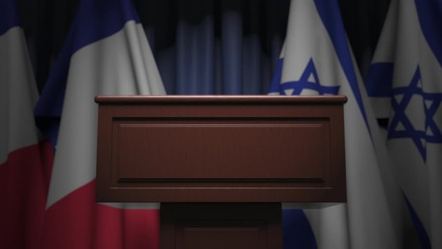 Flags of France and Israel and speaker podium tribune. Political event or negotiations related conceptual 3D animation