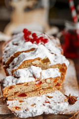Stollen is fruit bread of nuts, spices, dried or candied fruit, coated with powdered sugar. It is traditional German bread eaten during the Christmas season. New year prep.