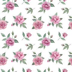 Seamless floral pattern with pink roses and green leaves. Watercolor illustration.