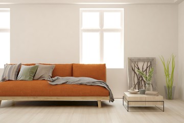 Stylish room in white color with orange sofa. Scandinavian interior design. 3D illustration