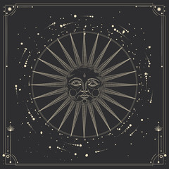 Vector illustration set of moon phases. Different stages of moonlight activity in vintage engraving style. Zodiac Signs