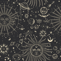 Vector illustration set of moon phases. Different stages of moonlight activity in vintage engraving style. Zodiac Signs