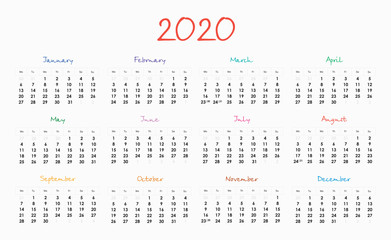 Calendar grid for 2020 in English