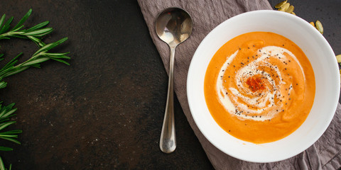pumpkin soup (first course, delicious vegetable vitamin food) menu concept. food background. copy space. Top view