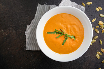 pumpkin soup (first course, delicious vegetable vitamin food) menu concept. food background. copy space. Top view