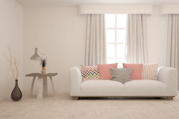 Stylish room in white color with sofa. Scandinavian interior design. 3D illustration