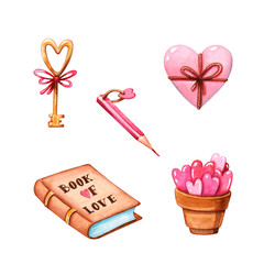 key with bow, pink heart, book of love and pencil