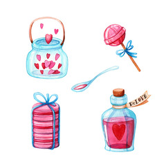 lantern, pink lollipop, love potion and macaroons