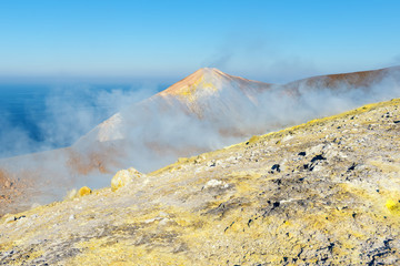 sulphur fumaroles on the top of the volcano crater in vulcano, aeolian islandsn, Italy