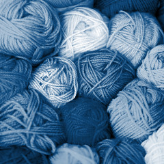 Top view of wool thread balls blue shades