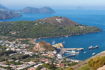 Harbour in vulcano aeolian  island, arrival of tourists and re-supply boats.