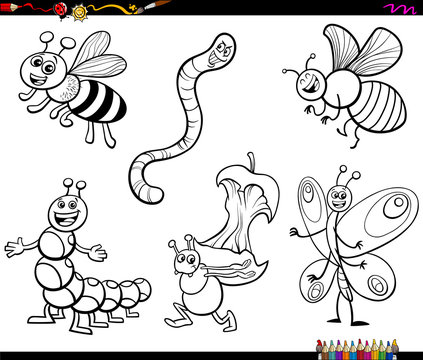 cartoon insects characters coloring book page