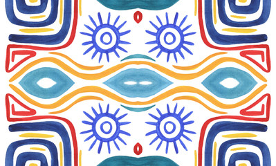 Embroidery in the traditions of Peru, Aztecs and Maya. Geometric folk ornament fabric.  Colorful seamless pattern in Spanish, Mexican, African,  American Indian rug. Tribal embroidery. Old carpet.