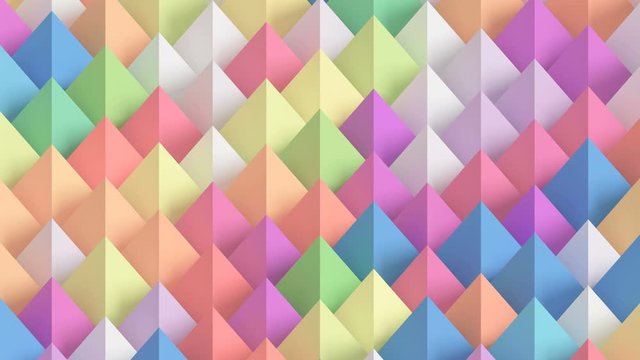 Pyramid Wave Field Loop 1 Multicolor: fun animation of flashing colorful pyramids. Random and waving motion. Abstract isometric background. Happy rainbow colors. Xmas. Candy color palette. 4K 