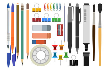 Office supplies and school items assortment. Vector. Stationery set pencils, pens, text marker, brushes, pins, Scotch tape, erasers, paperclips. Isolated. Flat cartoon style. Top view.