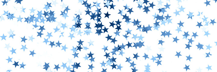 Banner with stars confetti toned blue color isolated on white background.