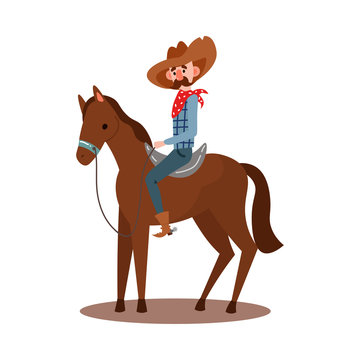 American cowboy riding a horse wearing a red bandana, hat, boots. Vector illustration in flat cartoon style