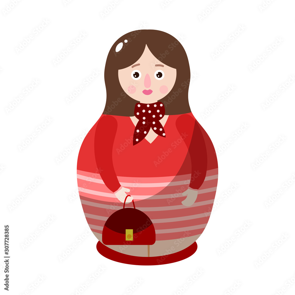 Wall mural Nesting doll in a colorful drawing red costume with a handbag. Vector illustration in flat cartoon style