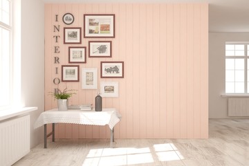 Empty room in pink color with table. Scandinavian interior design. 3D illustration