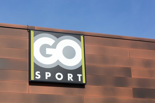 Rennes, France- October 30, 2015: Go sport logo on a facade. Go sport Group is an international french sporting goods retailer 